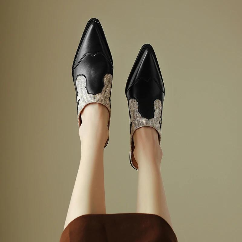 Fashion 2025 Summer Women Shoes Genuine Leather Shoes for Women Covered Toe Chunky Heel Mules Slingback Women Sandals Handmade Slippers