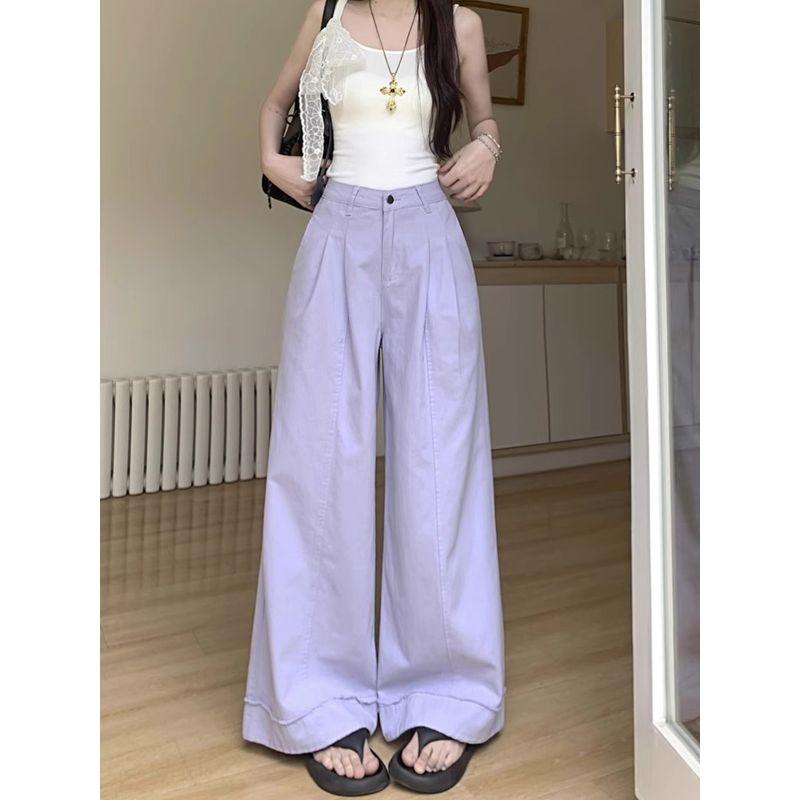 Kumikumi Idle Style Purple Casual Pants Loose Pants Women Fall High Waist Baggy Straight Trousers Mop Pants Pants