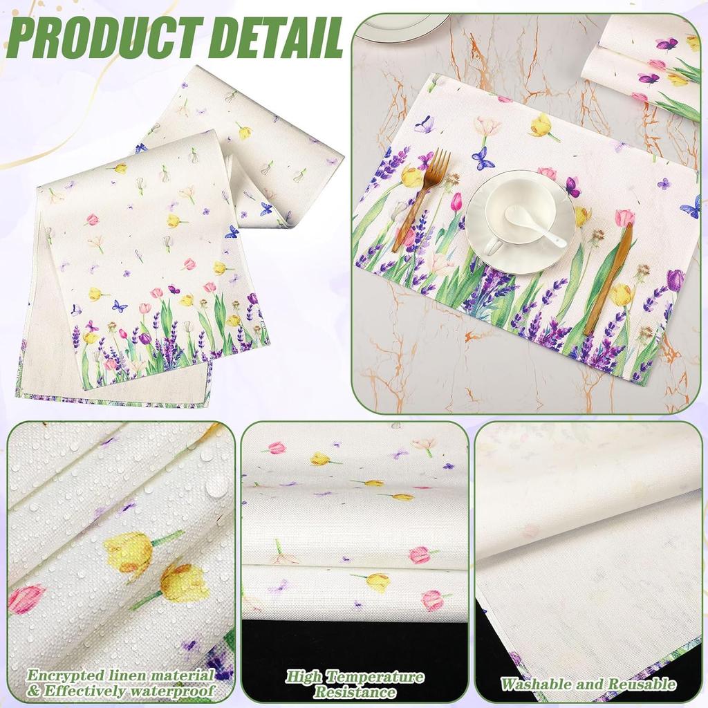 7 Pcs Spring Table Runner and Placemats Tulip Table Runner Placemats Set 72 x 13 Inch Linen Easter Farmhouse Rustic Floral Table Mat for Spring