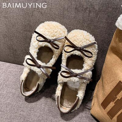 Fur Bow Shallow Women Flats Mary Janes Shoes Short Plush Fashion Cotton Shoes 2025 Trend Cozy Dress Winter New Mujer Zapatillas