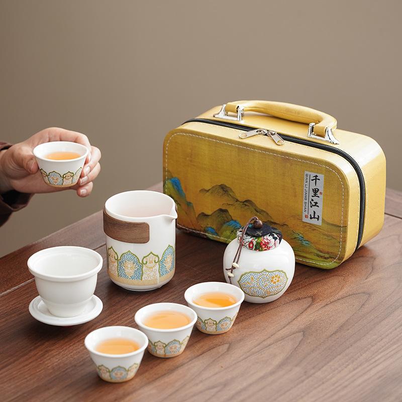 Outdoor travel tea set portable storage bag household one pot four cups ceramic express cup bubble teapot custom printing
