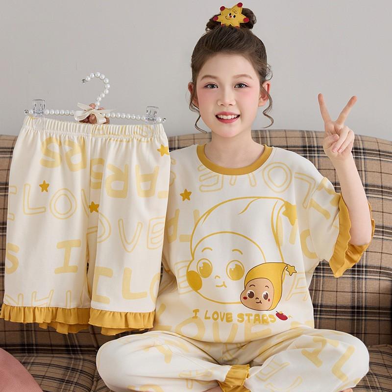 Girls Cotton Pajama Set Short Sleeve Long Pants Cartoon Print Sleepwear Kids Home Wear