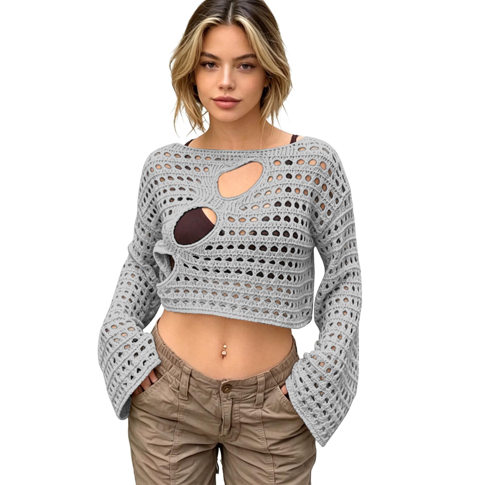 

Women s Sunscreen Bikini Beach Knit Cover-Up With Hollowed-Out Long Sleeves, Irregular Ripped Holes And Hollowed-Out Design M