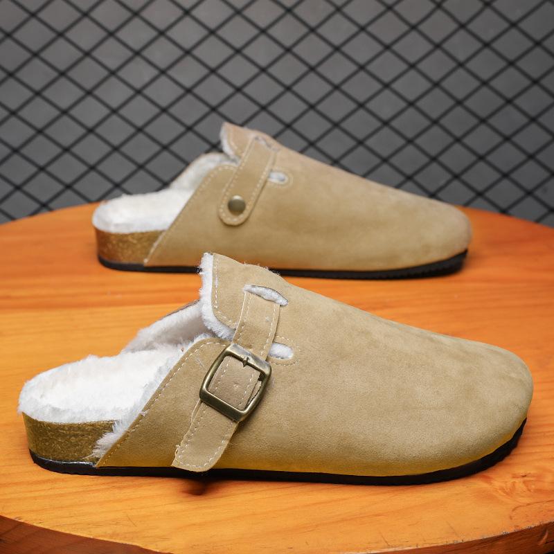 Мужские Женские Замшевые Сабо на Искусственном Меху с Пряжкой и Пробковой Подошвой Теплые Тапочки 45 хаки