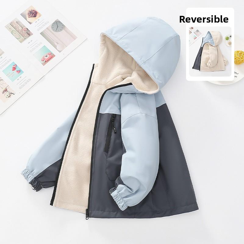 

Children s Clothing Boys Fleece-Lined Reversible Jacket New Children s Windbreaker Spring and Autumn Top for Older Kids Reversible 140cm синій