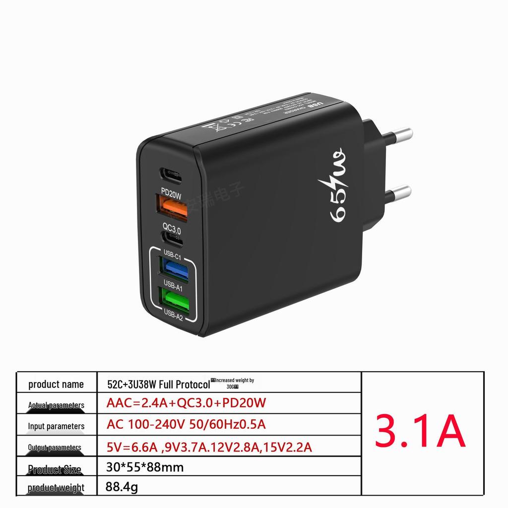 65W Multi-Port Mobile Charger, Fast Travel Adapter with European/UK/US Plug, 3.1A, 2C+3A
