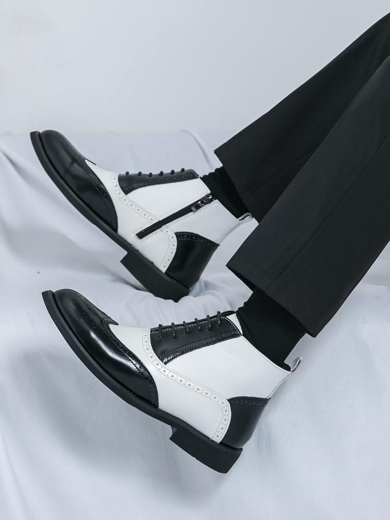 Luxury New Designer Men Pointed Black White Mix Patchwork Casual Ankle Boot Male Winter Fashion High Tops Shoes Zapatos Hombre