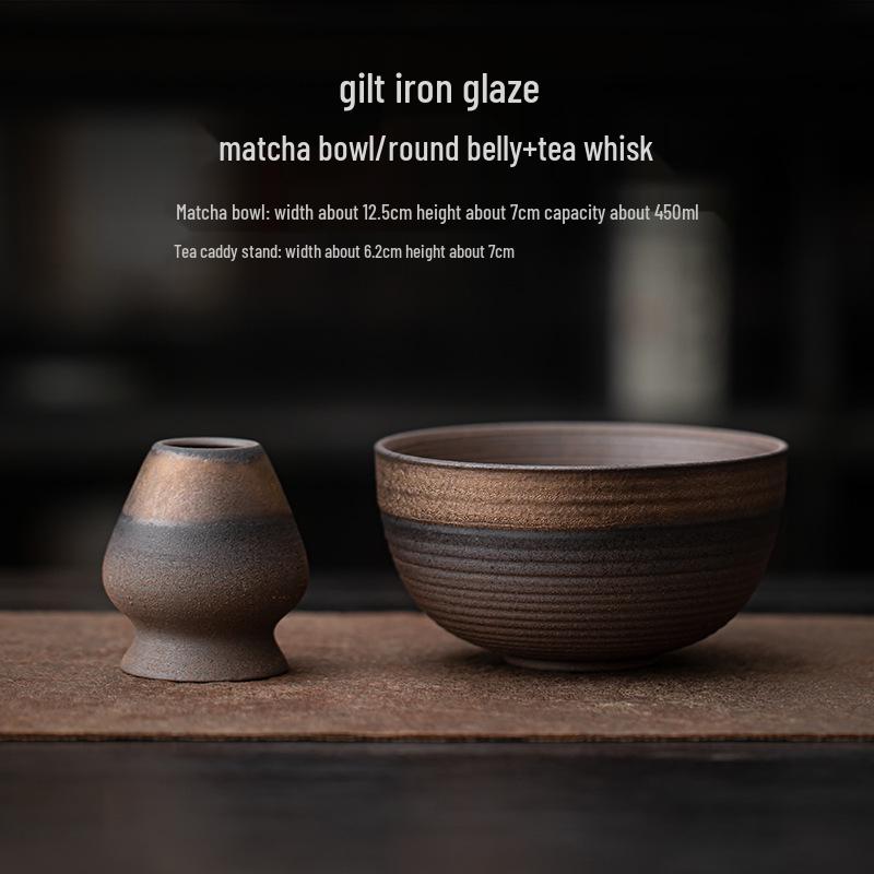 Song Dynasty-Inspired Japanese Matcha Bowl & Whisk Stand with Gilt Iron Glaze