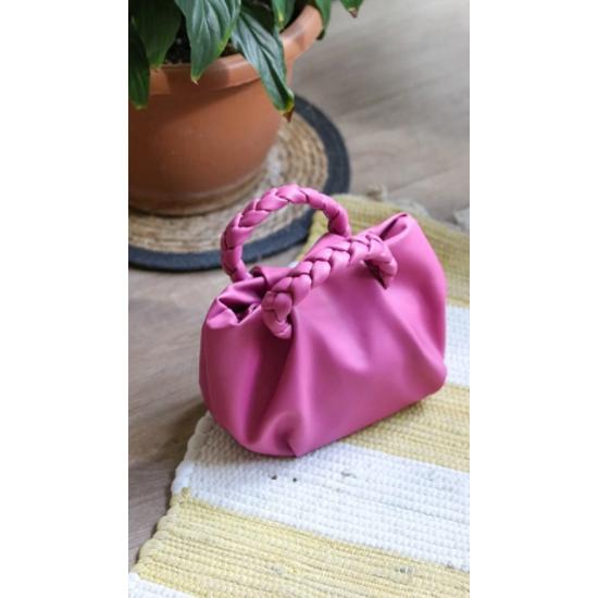 Damen-Umhängetasche aus weichem Leder mit Strickgriff in Fuchsia