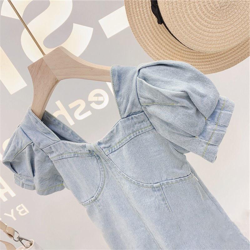 Mode Mädchen Denim Kleid Ins Stil Kinder A-Linie Kleid Casual Kleid