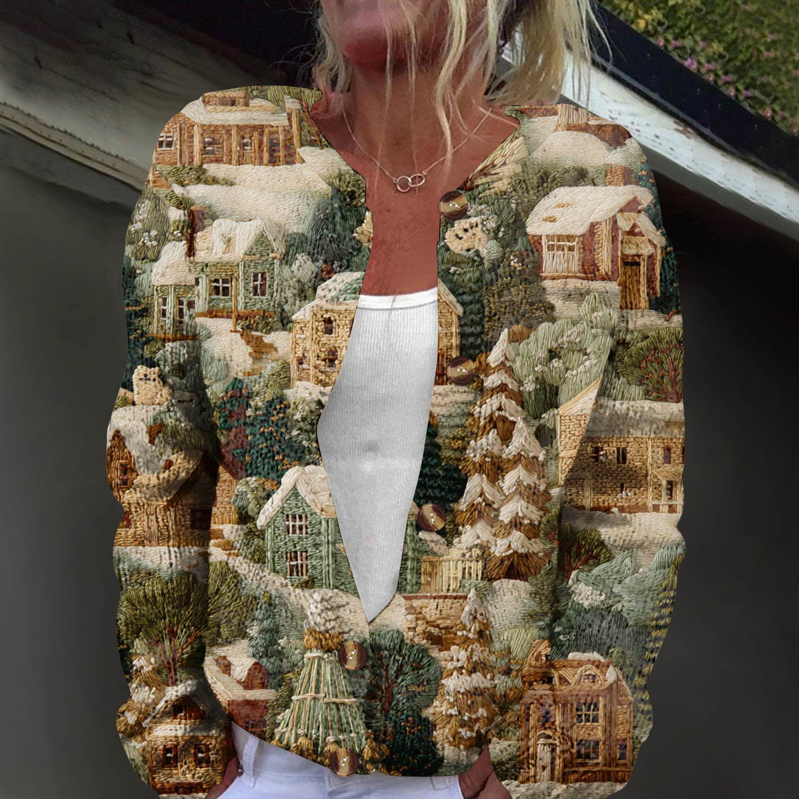 

Женская модная принтованная куртка с длинным рукавом и вязанным кардиганом на пуговицах M