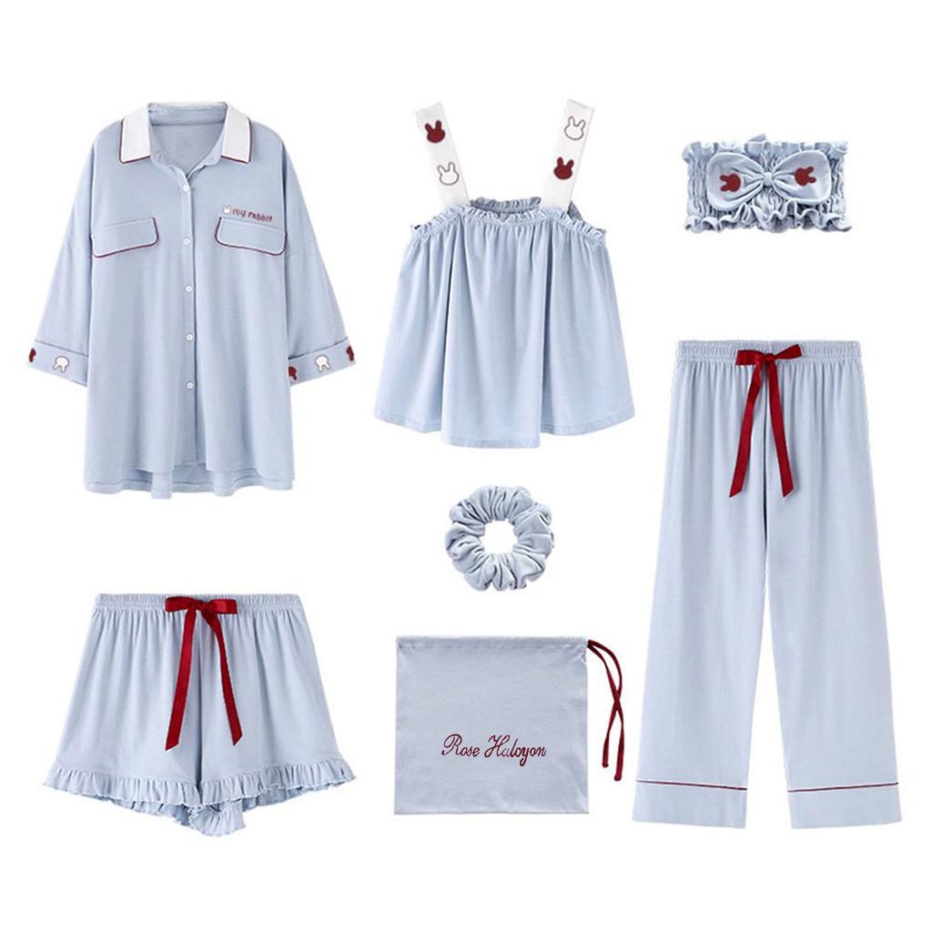 Rose Halcyon and Loungewear Cotton Cute Long and Perfect for and Summer Women's Pajamas, Loungewear, Set, 7-Piece Set, Sleeves, Pants, Camisole, Fall,