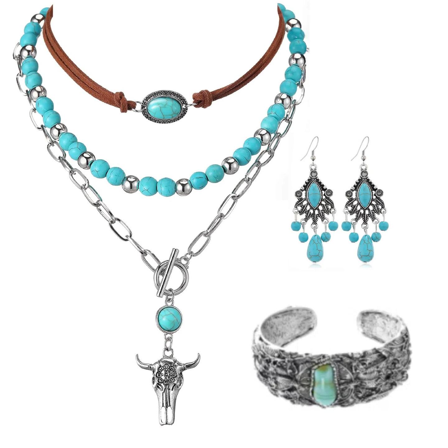 Vintage Turquoise Necklace and Earring Set for Women - Bohemian Tassel Jewelry Wholesale серебряный