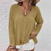 Women's Fashion Casual Solid Color V-Neck Live Button Long Sleeve T-Shirt Top