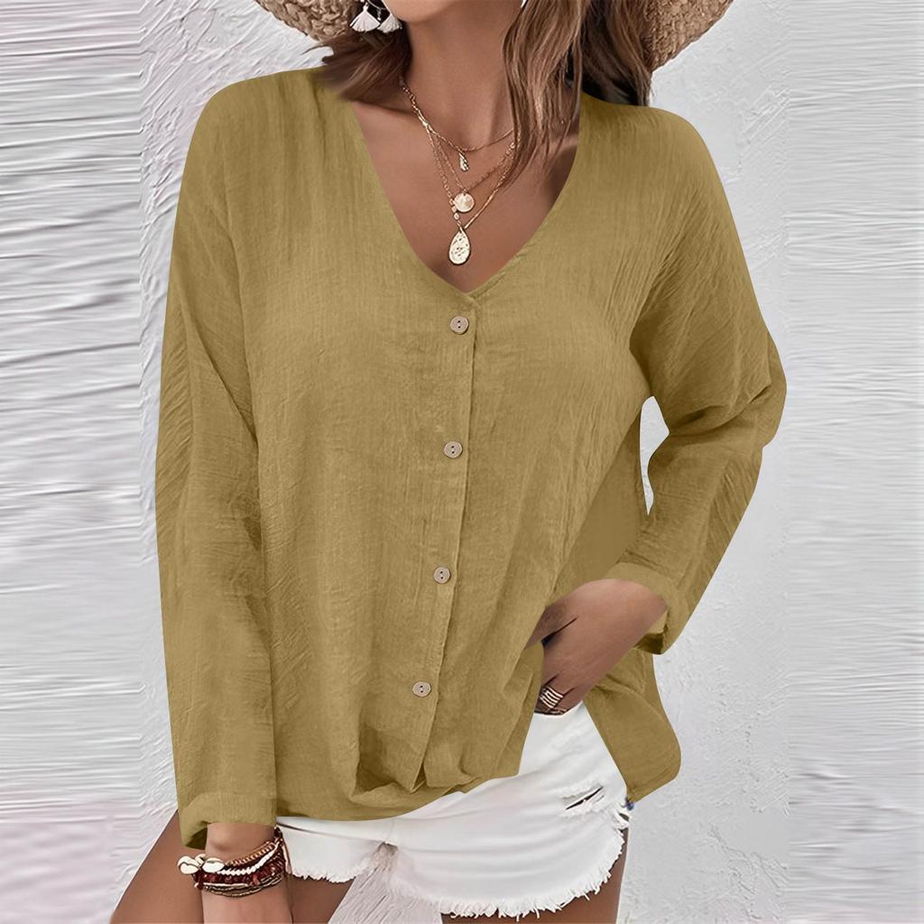 Women's Fashion Casual Solid Color V-Neck Live Button Long Sleeve T-Shirt Top