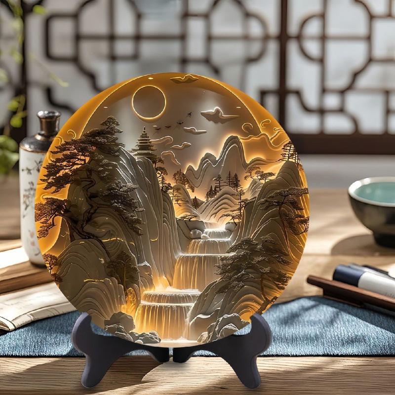Embossed 3D Round Plate Ornament: Chinese Style for Study, Tea Room, or Office Display