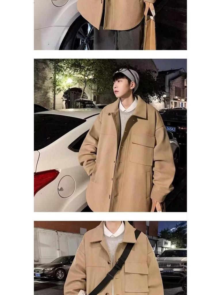 Men's Mid-Length Woolen Coat: Casual, Trendy, Oversized High-End Winter and Autumn Windbreaker.