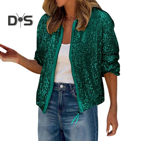 

Женское пальто с блестками, круглым вырезом, застежкой-молнией, длинными рукавами, кардиганом, коротким, свободным, для клуба, выступлений, сценических вечеринок L