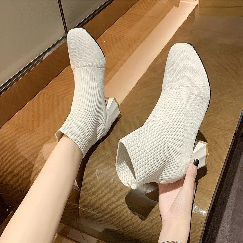 Women's Fall New Block Heel Booties Square Toe Knit Stretch Non-Slip Sock Boots