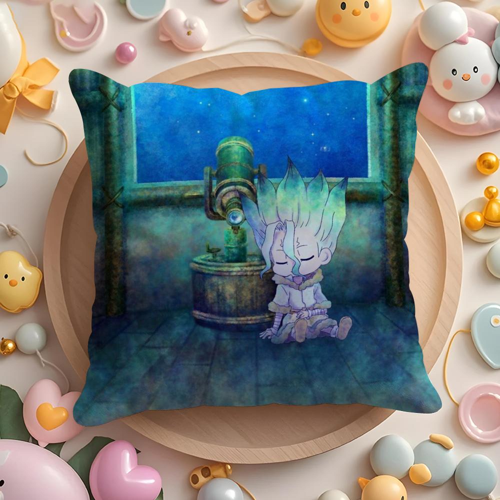 D-Dr.Stone Anime Cushion Cover Plush Fabric Soft Double-Sided Printed Sofa Warm Winter Home Gift Pillow Cover