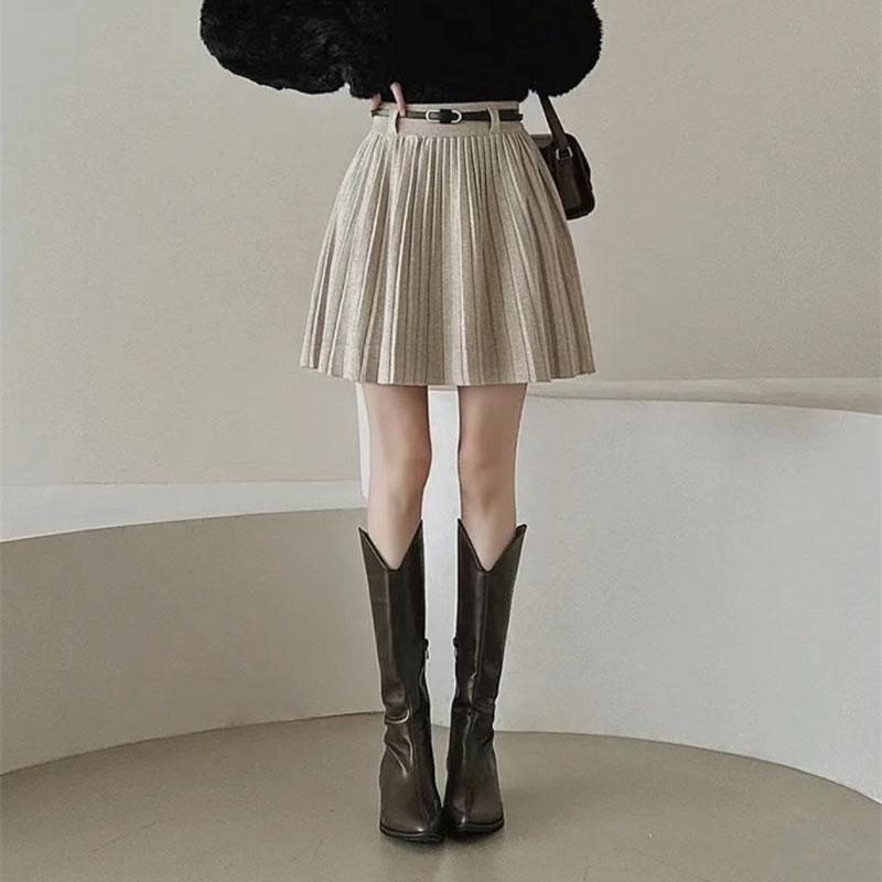 Autumn Winter Knitted Pleated Skirts Women Korean Fashion High Waist A-Line Skirts Ladies Elegant Streetwear Gray Skirt