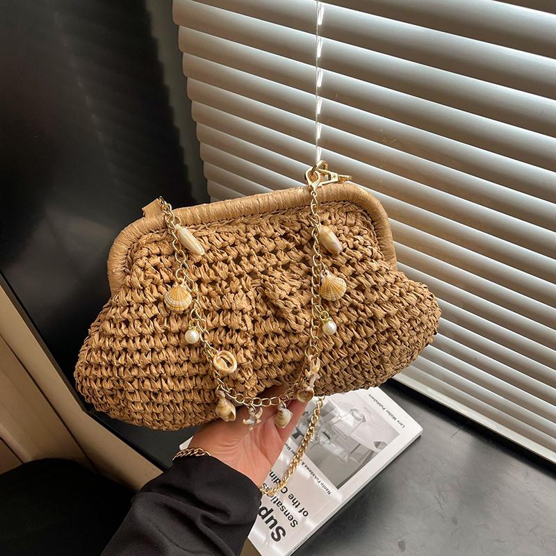 Yogodlns Summer Straw Weaving Crossbody Bag Fashionable Shell Bag Women's Chain Strap Shoulder Bag