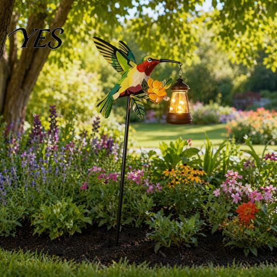Warm Yellow Solar Light Garden Bird Light, Outdoor Hummingbird Kingfisher Lantern with Shaped Stake, Automatic On/Off Pathway for Yard Lawn