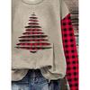Plus Size - Women'S Plus Size Christmas Tree Hollow-out Print Sweatshirt - Red & Black Plaid Patchwork Design, Loose Fit Crewneck Long Sleeve Top