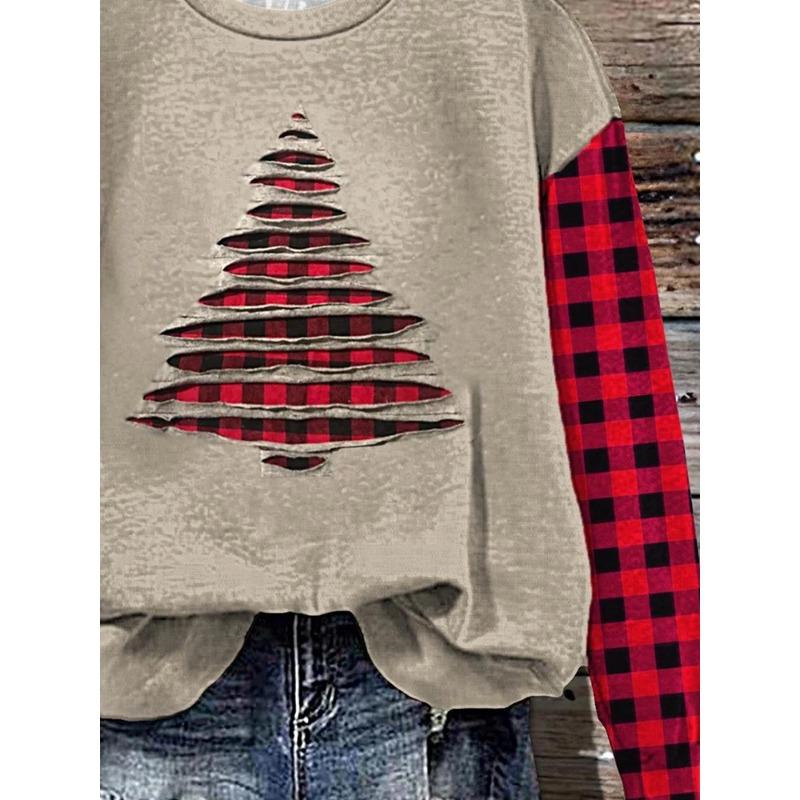 Plus Size - Women'S Plus Size Christmas Tree Hollow-out Print Sweatshirt - Red & Black Plaid Patchwork Design, Loose Fit Crewneck Long Sleeve Top
