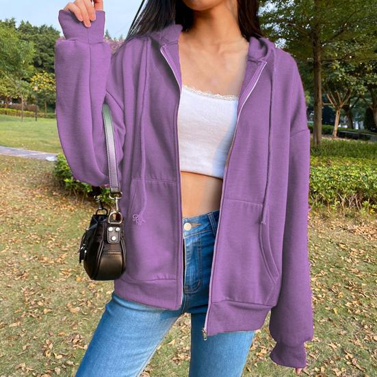 Women Hoodies Hooded Zipper Autumn Winter Thick Solid Color Drawtring Sweatshirt Coat for Daily Wear