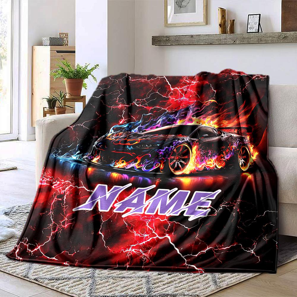Custom Name Flames Racing Car Home Customize Your Name Blankets Comfortable Soft Lightweight Allseason Multipurpose Blanket For Picnics Sofas Offices