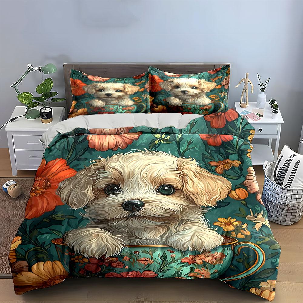Floral Puppy Decor Set Soft Comfortable Duvet Cover Bedding Set Included 1*Duvet Cover & 2*Pillowcases, Gift