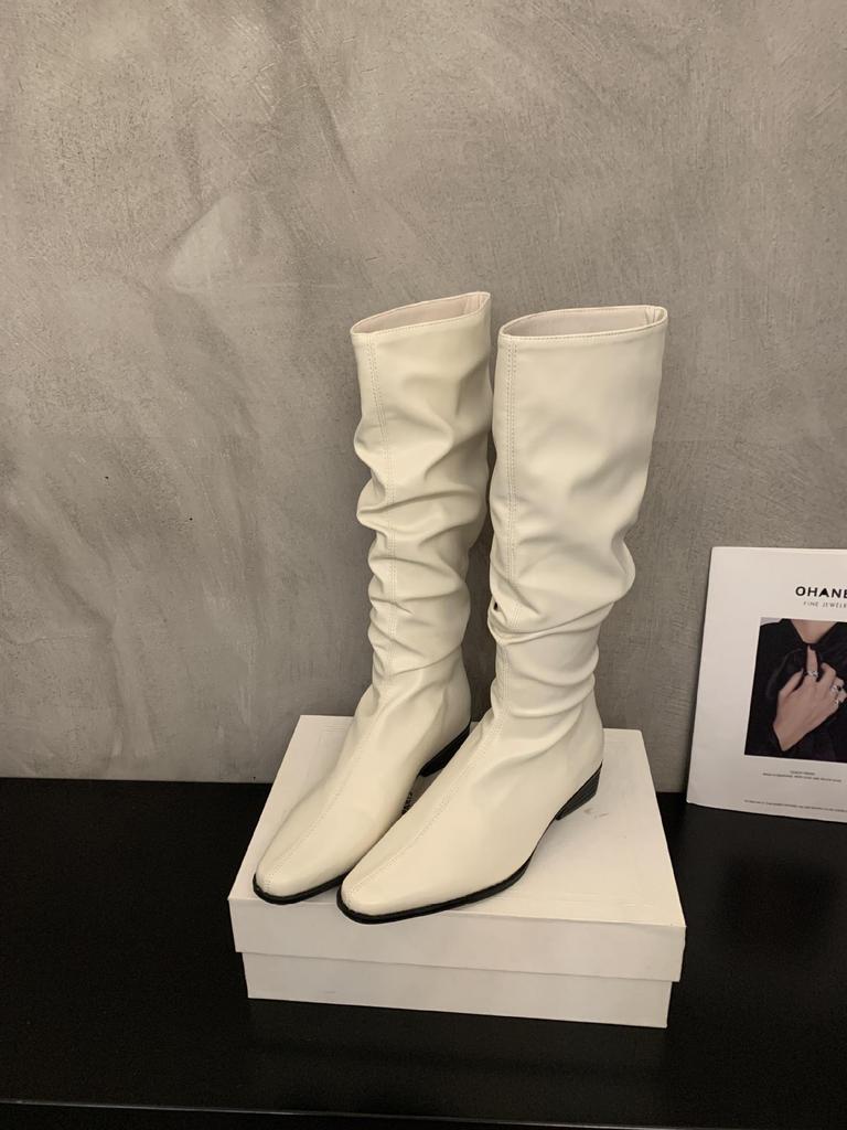 Sheepskin Version~ Thick Heel Pointed Pleated Boots Stacking Boots Women's Knight Boots Long Boots Tall Thin Boots