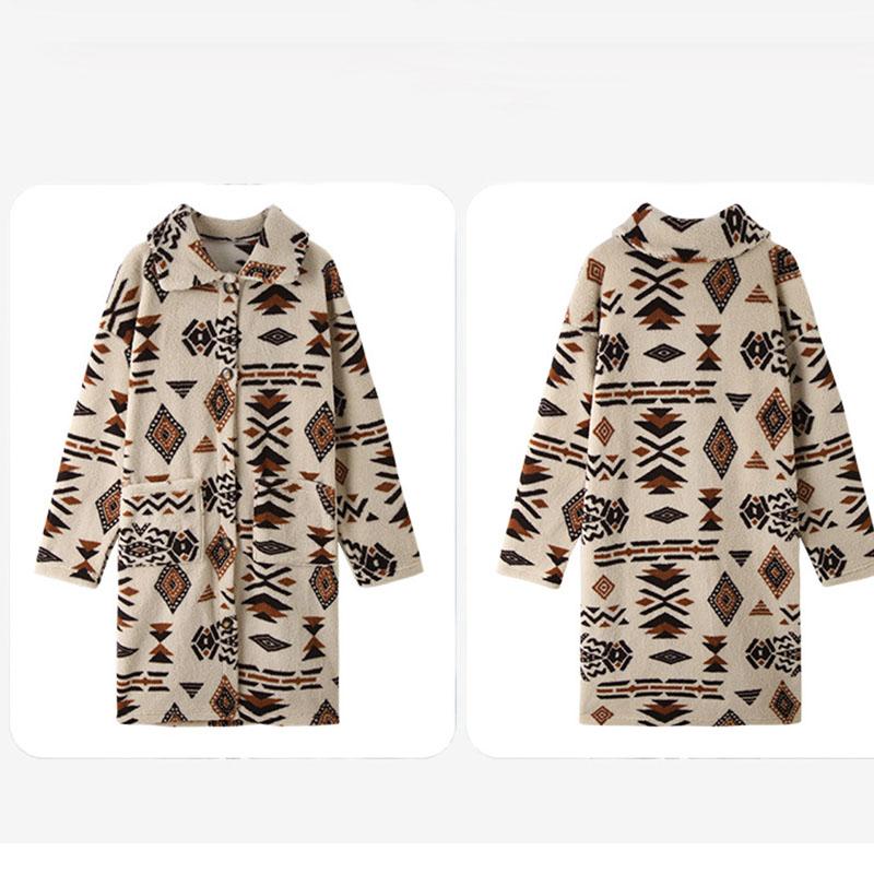 Cappotto da donna autunno e inverno Cappotto lungo in peluche con stampa stile etnico monopetto
