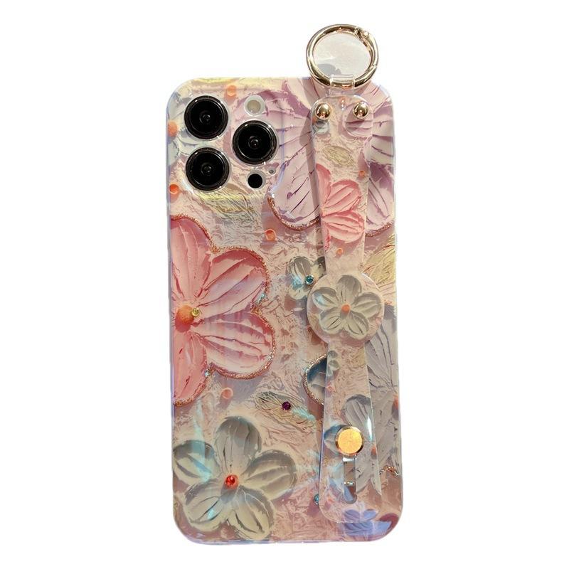 Oil Painting Flower Wrist Strap Diamond Phone Case For Iphone 16 15 Pro Max