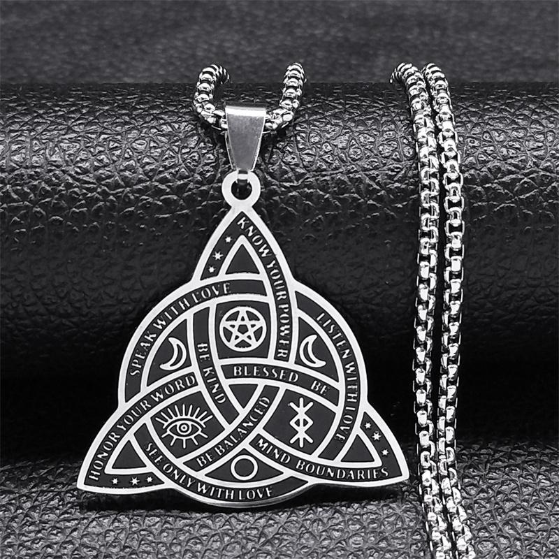Witch Triquetra Trinity Celtic Knot Necklace Stainless Steel Pentagram Triple Moon Goddess Necklaces Jewelry Collar N3406S02