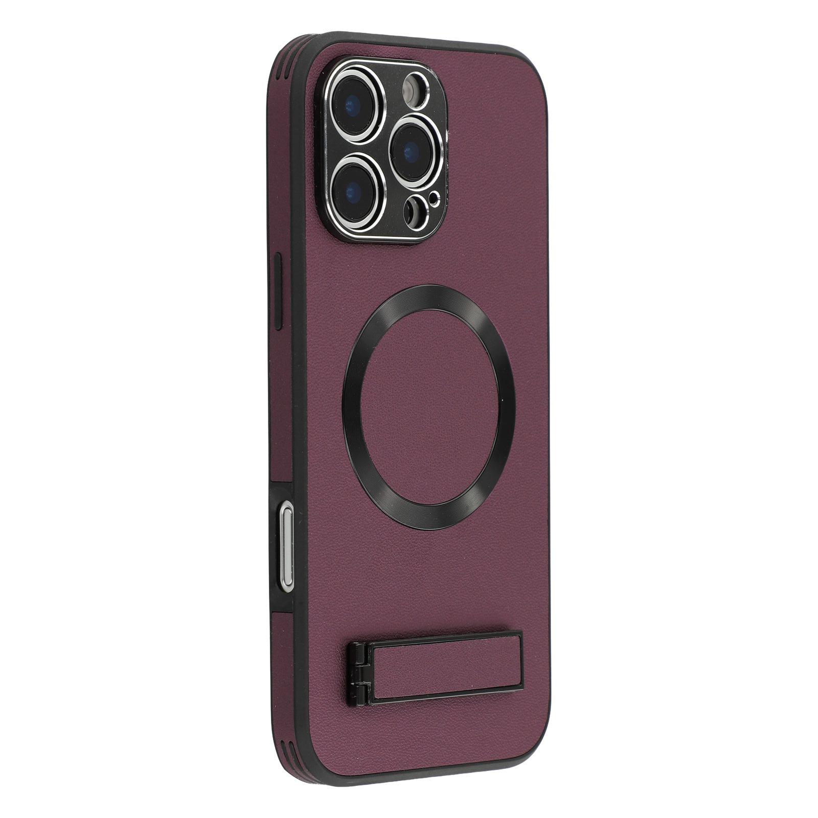 

For iPhone 16 Pro Max Kickstand Case Compatible with MagSafe PC+TPU+PU Phone Back Cover Wine Red