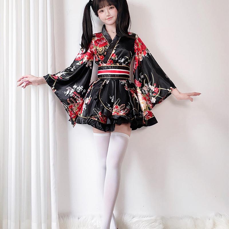 Japanese Yukata Robes Kawaii Girls Floral Printed Haori Suit Lovely Lolita Dress Women Maid Cosplay Costume Halloween