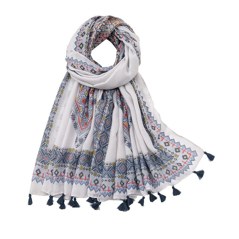 Small fresh medium and retro blue and white porcelain cotton and linen feel scarf, Bali yarn silk scarf, blue flower shawl women