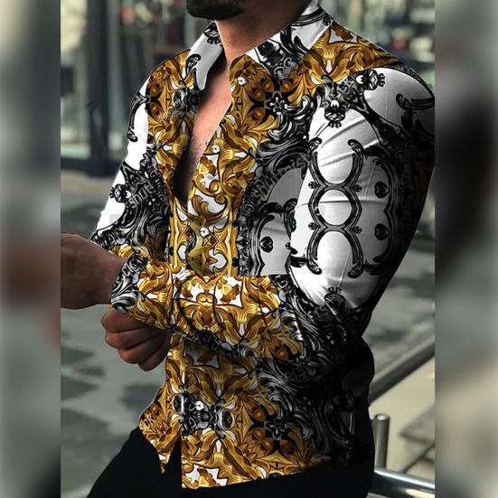 Men Shirt Long Sleeves Button Lapel Cardigan Single-breasted Warm Slim Fit Casual Flower Print Autumn Top for Dating