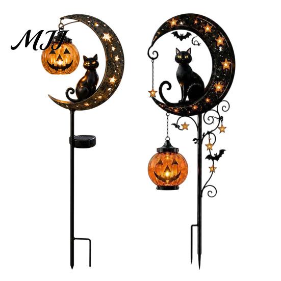 Luci Solari di Halloween per Giardino Esterno Gatto Nero & Zucca Luna Paletto Luminoso, Impermeabili su Decorazioni Stagionali Cortile Anteriore