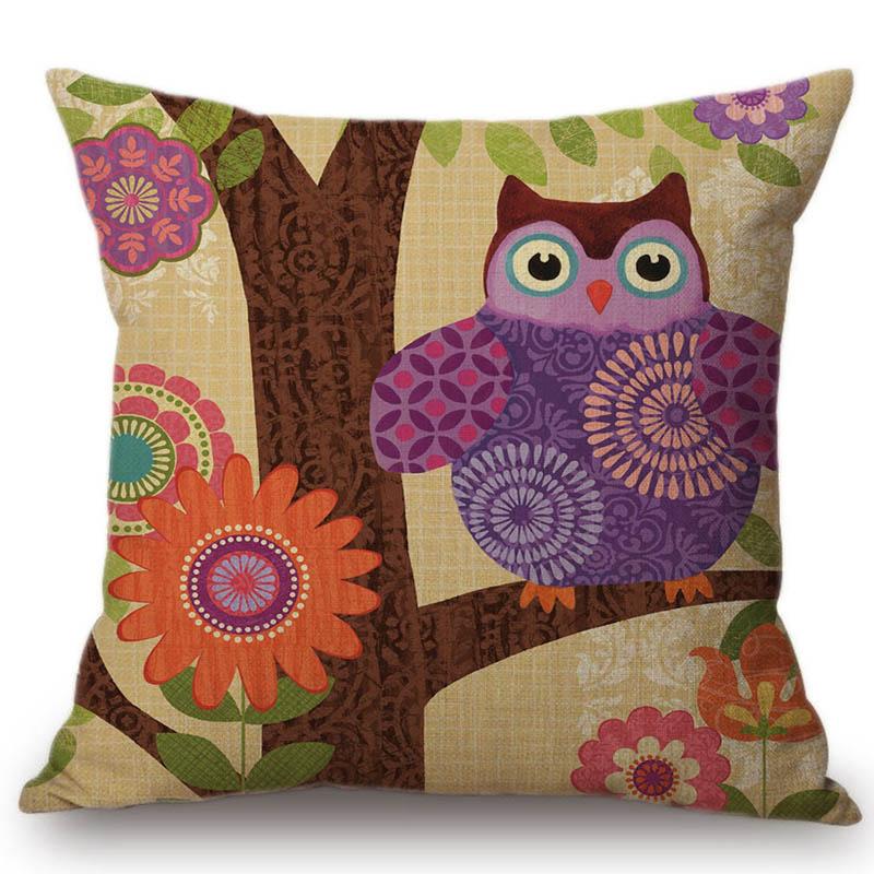 Lovely Birds Floral Night Owl Squirrel Home Decorative Cotton Linen Sofa Throw Pillow Case 45X45Cm Square Car Cushion Cover Case