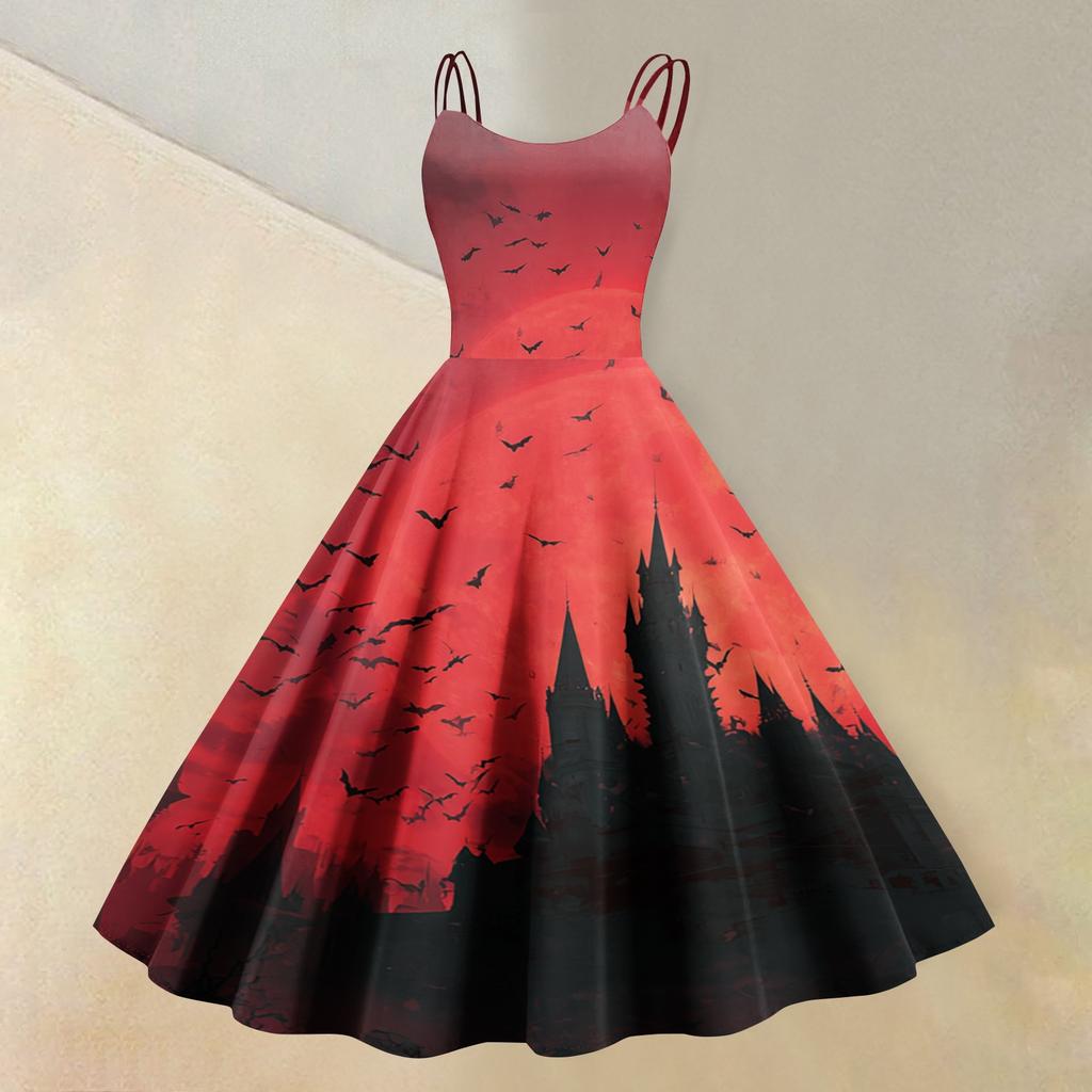 Women's Sleeveless Halloween Print Dress Vintage Style Round Neck Casual Fit and Flare Midi Dress with Spaghetti Straps and Festive Pattern