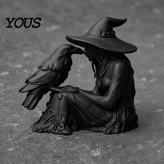 Stable Base Witch Ornament 3D Printed Ornament, with Matte Black Figurine, Frosted Paint Gothic Style Resin Sculpture for Halloween Party