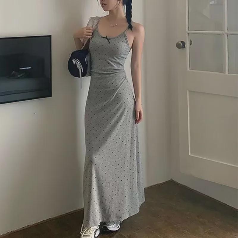 

Retro Gray Polka Dot Spaghetti Strap Waist-Hugging Short Dress XL