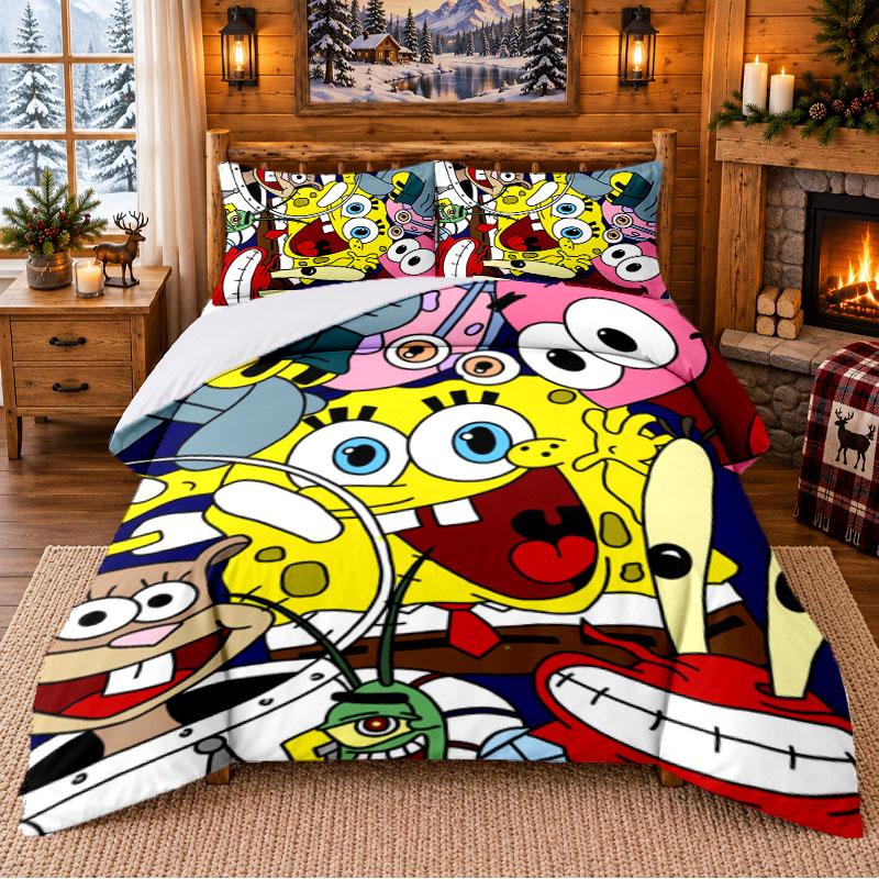 SpongeBob Football Pattern Bedding 3Pcs Set Bed Sheet And Pillowcases For Indoor Bedroom
