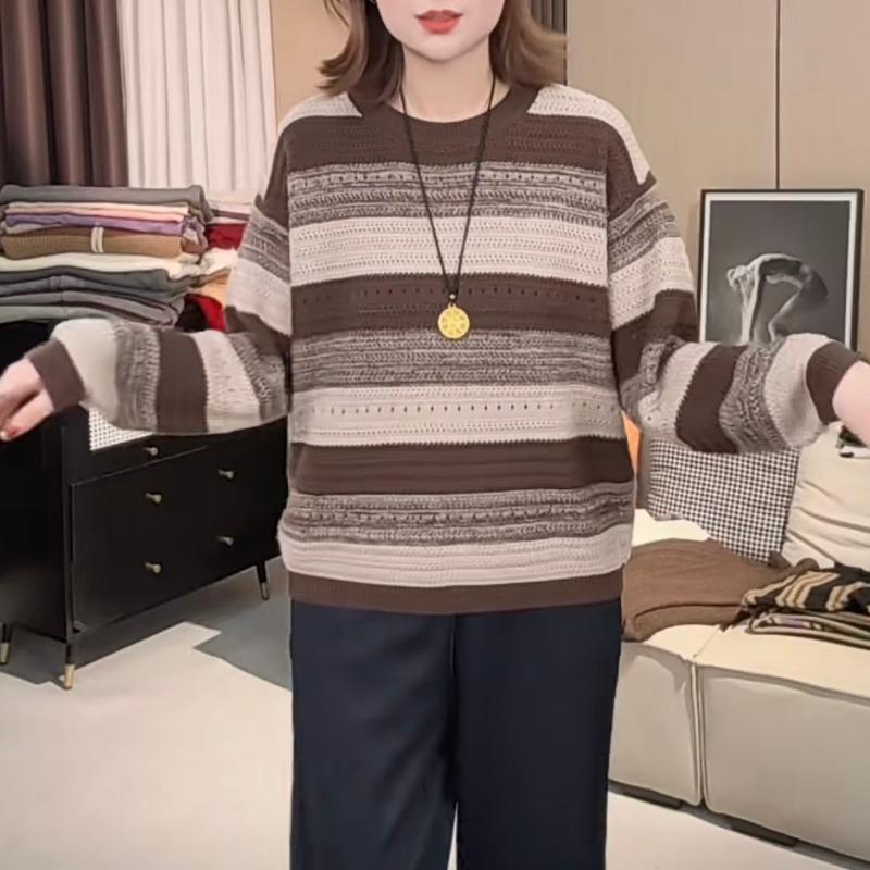 Round Neck Striped Sweater Women's Long-sleeved Autumn Clothing New Style Fashionable Loose Lazy Style Top Retro Pullover