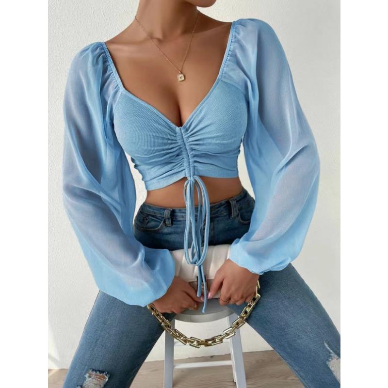 Spring Women's Blouse Low-cut Sexy V-neck Splicing Chiffon Drawstring Lantern Sleeve Slim Tops
