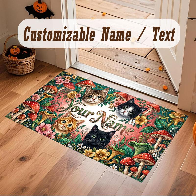 Cat Theme Crystal Velvet Floor Rug Personalized Custom Name Text Warm Carpet Home Decoration