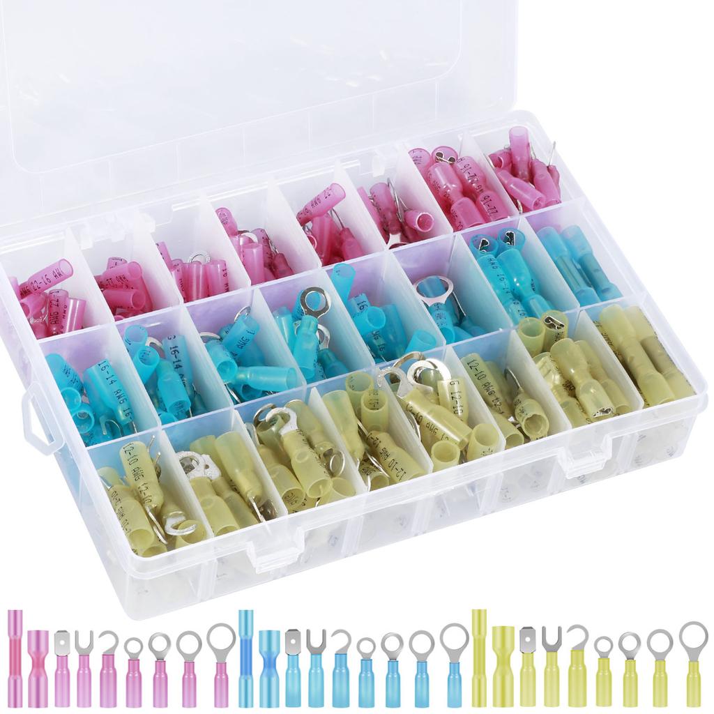 270Pcs Heat Shrink Wire Connectors Electrical Kit Waterproof AWG 12-10 16-14 22-16 Marine Fork Ring Wire Crimp Butt Connectors